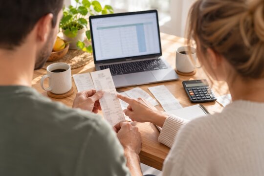Two adults sit at a table during the day, reviewing a paper receipt beside a laptop and calculator. Mugs and a notebook are also on the table as they plan a shared budget