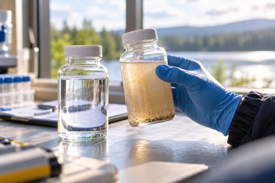 A gloved hand holds a jar of cloudy water beside a jar of clear water on a laboratory bench. A lake and hills are visible through the window in daylight