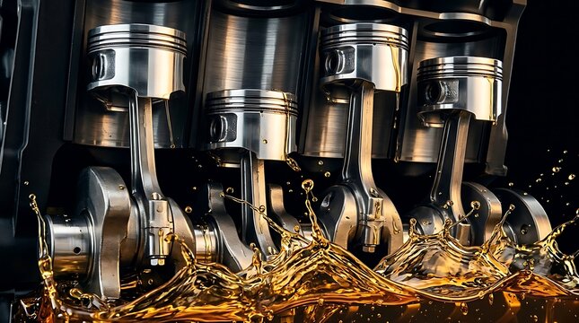 Engine pistons and crankshaft submerged in liquid motor oil splashing inside a mechanical machine.