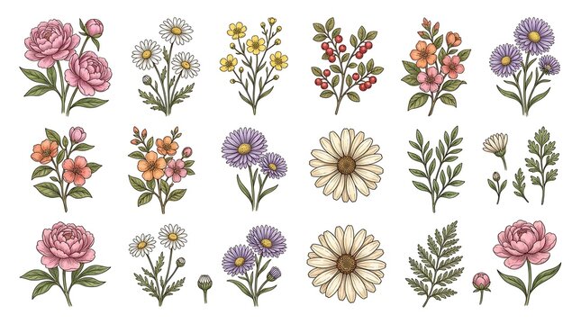 Botanical illustration collection featuring various flowers and leaves.