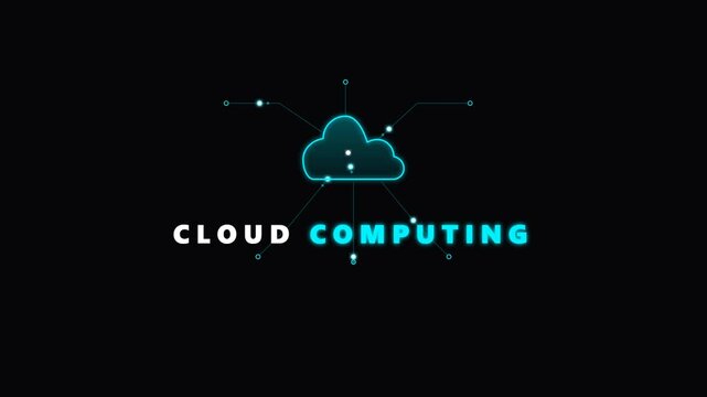 A digital cyan cloud logo with text and glowing node connections displayed on a solid black background. Ideal for IT and technology presentations.