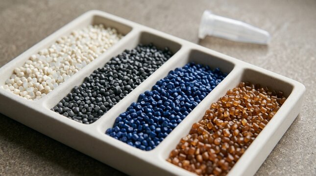 Macro view of polymer pellet sorting by color