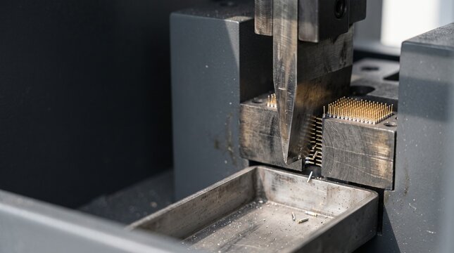 Precision shear separates pins from circuit assemblies