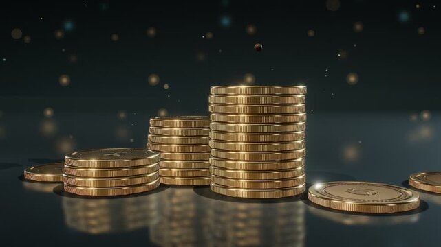 3D gold coins stacking up into rising towers as a green seedling sprouts and grows on top