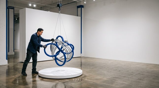 Rigger centers a suspended form under gallery lights