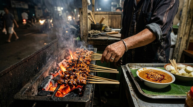 Authentic Indonesian Street Food Vendor Grilling Chicken Satay Skewers Over Hot Charcoal Embers at Night
