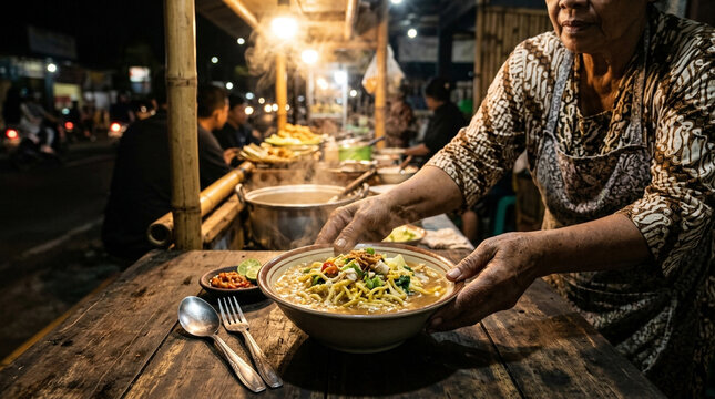 Senior Indonesian woman serving a steaming bowl of traditional Javanese noodles at a night market street food stall