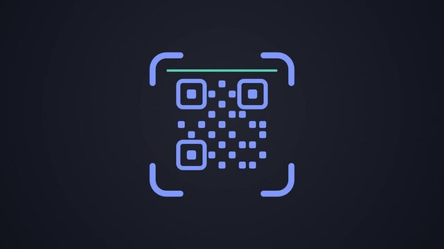 Dark mode QR code scan frame with scan line turning green with check, QR code scanner animation