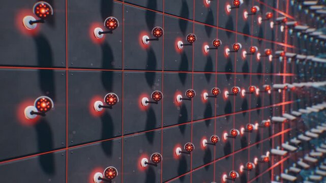 Endless 3D wall of surveillance security cameras scanning in waves and locking on in 4K