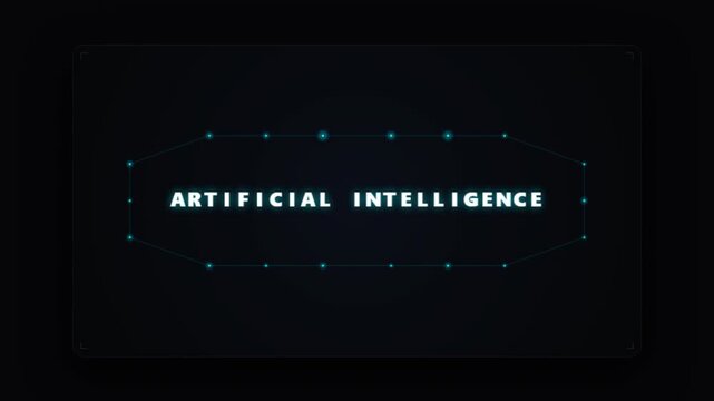 Futuristic digital animation featuring artificial intelligence text surrounded by glowing binary code and cyan particles on a dark background. Perfect for tech presentations and sci-fi videos.