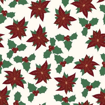 Christmas floral seamless pattern with red poinsettia flowers and holly berries on cream background