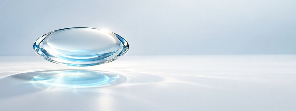 Floating optical lens casting a delicate cyan caustic