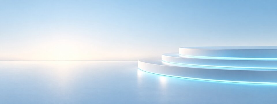Minimal white architectural steps with cyan ambient light