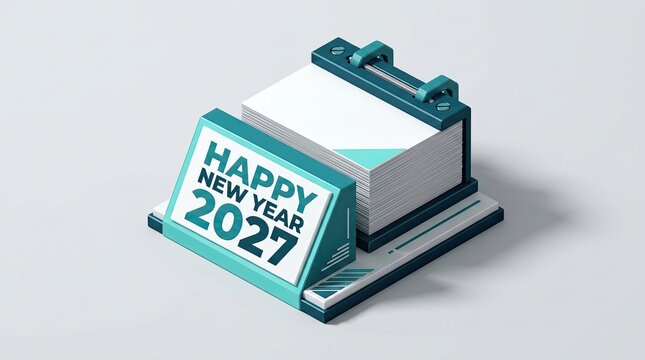 Happy New Year 2027 Isometric Desk Calendar Teal 3D Flip Calendar Icon with Blank Pages on Grey Background for Business Planning and New Year Concept