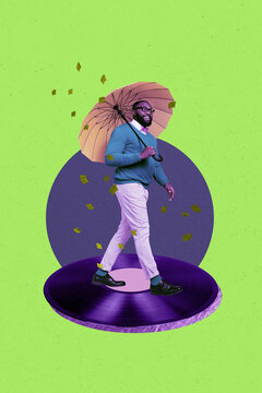 Exclusive artwork banner creative collage of happy american guy walk retro vinyl disk celebration event confetti carry umbrella