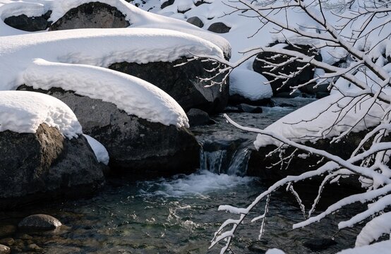雪をかぶった大きな岩の間を流れる冬の渓流