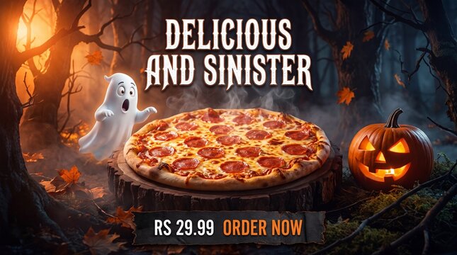 Delicious and sinister pepperoni pizza with ghost and pumpkin in dark