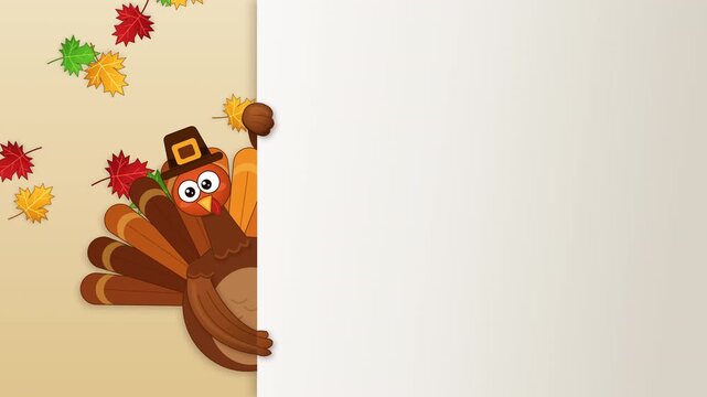 Cartoon Turkey Peeking from Corner with Autumn Leaves, Thanksgiving Green Screen Animation with White Copy Space, 4K Holiday Background