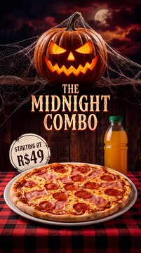 Carved pumpkin with pizza and orange drink for midnight combo