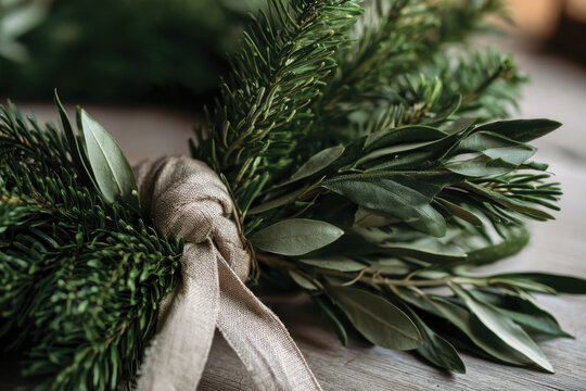 This close-up showcases a lush wreath made from various green leaves and pine, highlighting the intricate details and natural beauty ideal for winter decorations.