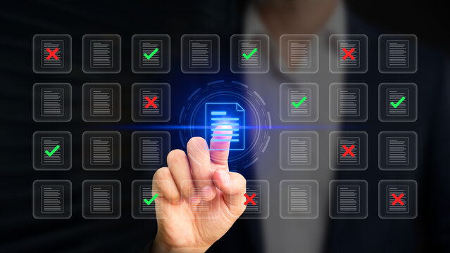 Data analyst using virtual screen to filter approved and rejected files on database. File management system, data sorting and organization for business, document processing concept