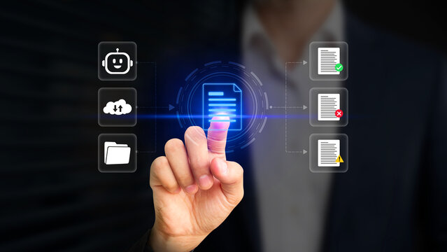 Person using AI-powered file management system on a virtual screen, filtering approved, rejected, and suspicious files in cloud storage. Scanning documents with AI system, data security concept
