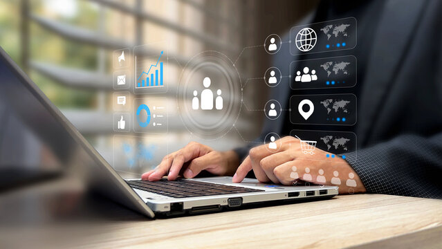 Business professional reviewing performance metrices and data analytics on virtual screen. Digital data visualization, charts, performance metrices, modern technology, data driven decision