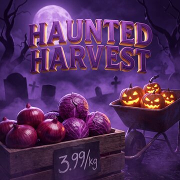 Haunted Harvest text with red onions and glowing jack o lanterns in