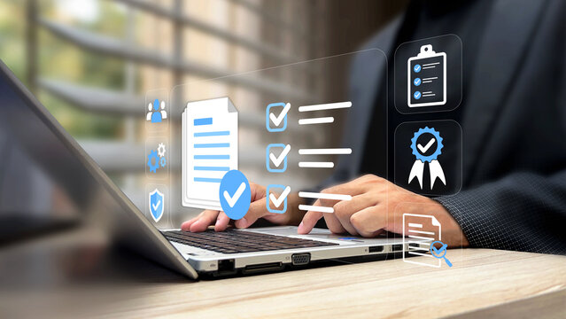 Person using laptop with verified files. Document verification approval process, compliance checklist, check marks, certificate, review forms, quality control, audit process, business assurance