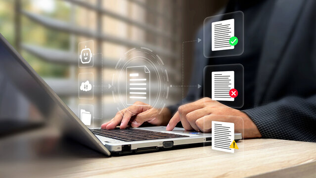 Person using AI-powered file management system on a laptop, filtering approved, rejected, and suspicious files in cloud storage. Scanning documents with AI system, data security concept