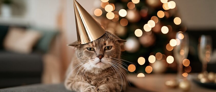 Deadpan tabby cat in a golden party hat steals the show against glowing bokeh Christmas tree lights perfect for holiday humor, pet greeting cards, and festive social content.