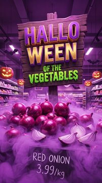 Halloween of the vegetables sign with red onions in purple grocery