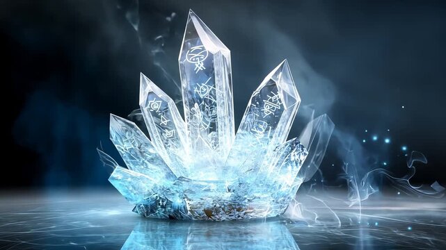 Mystical ice crystals with ancient runes emanating magical glow in enchanted dark atmosphere
