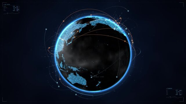 A digital globe zooms in to highlight Poland from a global view with telemetry data overlay, satellites and connection lines around, loopable animation