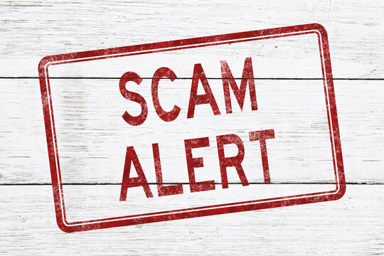 Red distressed Scam Alert stamp on weathered wood for warning