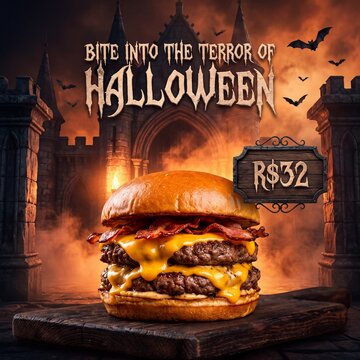 Double cheeseburger with bacon for Halloween promotion on dark wooden