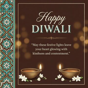 Elegant diwali greeting card with glowing diya lamps and white flowers against dark brown floral patterned background.