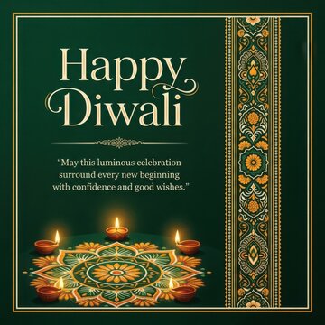 Green diwali greeting card with intricate floral border pattern and multiple small oil lamps over glowing rangoli art.