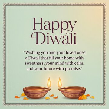 Pastel diwali invitation card featuring twin diya lamps and scattered petals within ornate decorative border frame design.