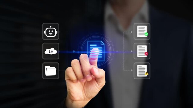 Person using AI-powered file management system on a virtual screen, filtering approved, rejected, and suspicious files in cloud storage. Scanning documents with AI system, data security. 4k footage
