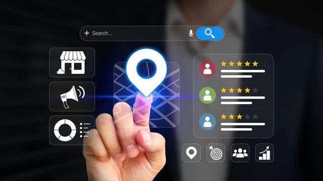 Local SEO, location based marketing strategy, customer engagement, smart navigation for local businesses. Businessman touching map location with digital marketing icons on virtual screen. 4k footage