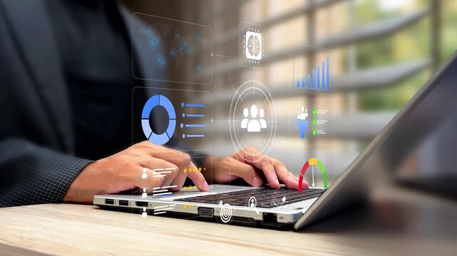 Business professional using AI tools for customer targeting, data analytics in digital marketing. Audience insight, performance metrics, data visualization dashboard for strategic marketing decision
