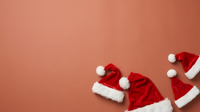Festive and joyful christmas scene featuring santa hats on a warm inviting terracotta background perfect for holiday greetings