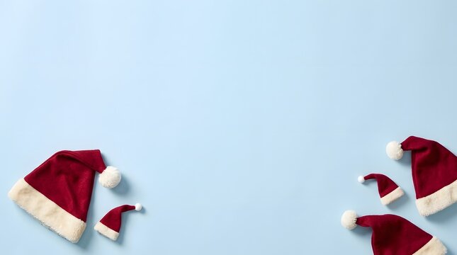 A festive and joyful christmas background featuring scattered santa hats on a serene light blue backdrop perfect for holiday designs