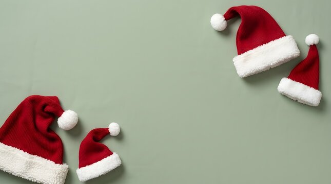 Festive christmas scene with scattered santa hats on a soft mint green background ideal for holiday greetings and decorations