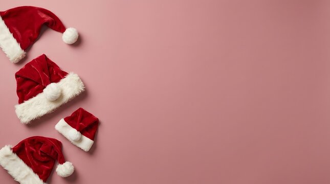 Festive holiday cheer a minimalist christmas backdrop with santa hats on a soft pink surface perfect for seasonal designs