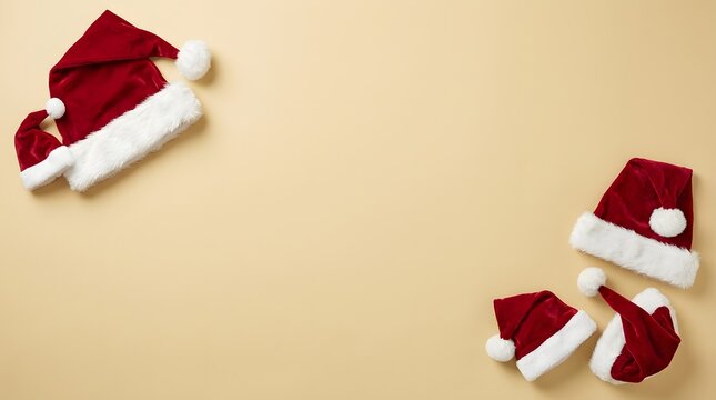 Festive christmas scene with scattered santa hats on a neutral beige background perfect for holiday greetings and decorations