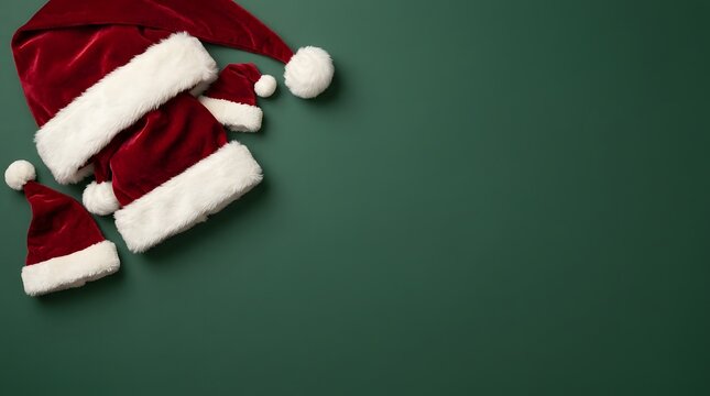 Festive christmas scene with santa hats on a dark green background perfect for holiday greetings and seasonal designs