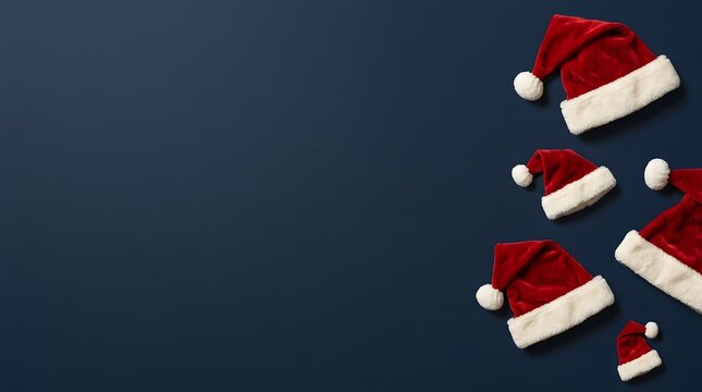 A festive and joyful christmas background featuring multiple santa hats on a dark navy blue backdrop perfect for holiday designs
