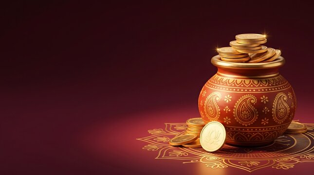 Decorative brass coin pot with gold coins on ornate patterned fabric